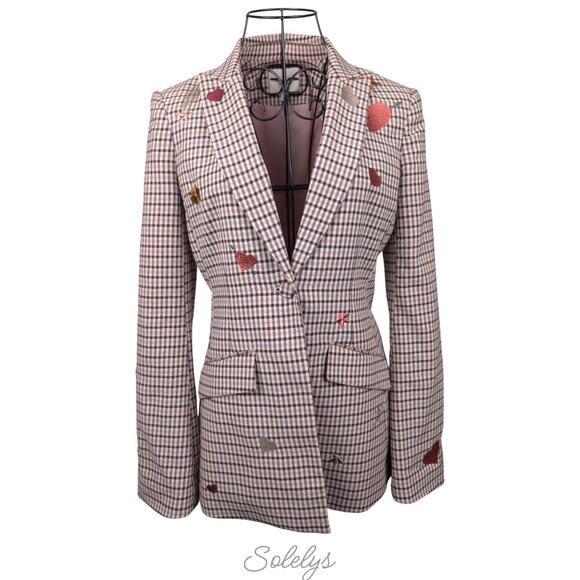 Cinq à Sept Jackets & Blazers - Cinq à Sept Estelle Check Plaid Pink Embroidered Metallic Single Button Blazer 0